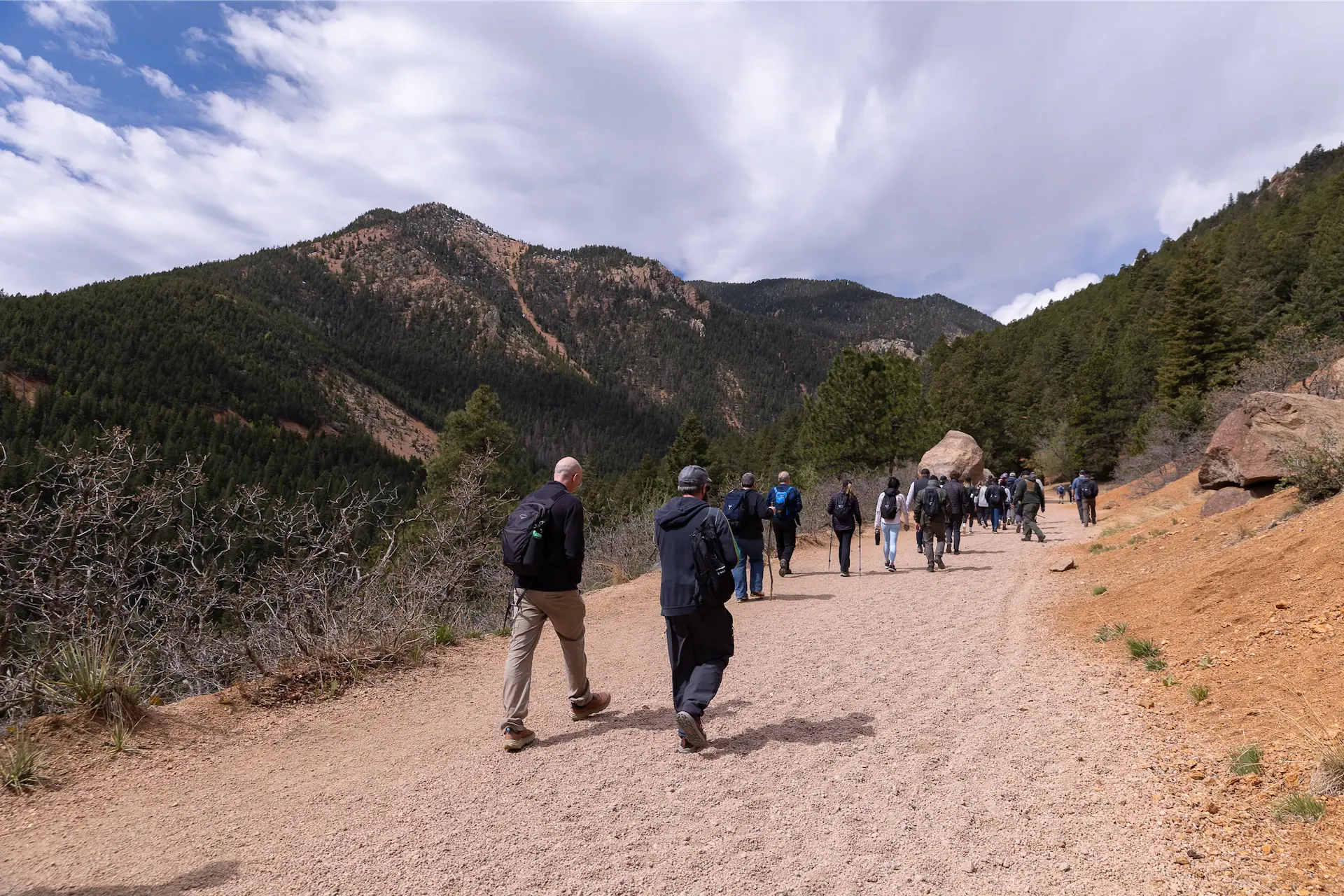 Executives hiking a National Park trail toward the peak