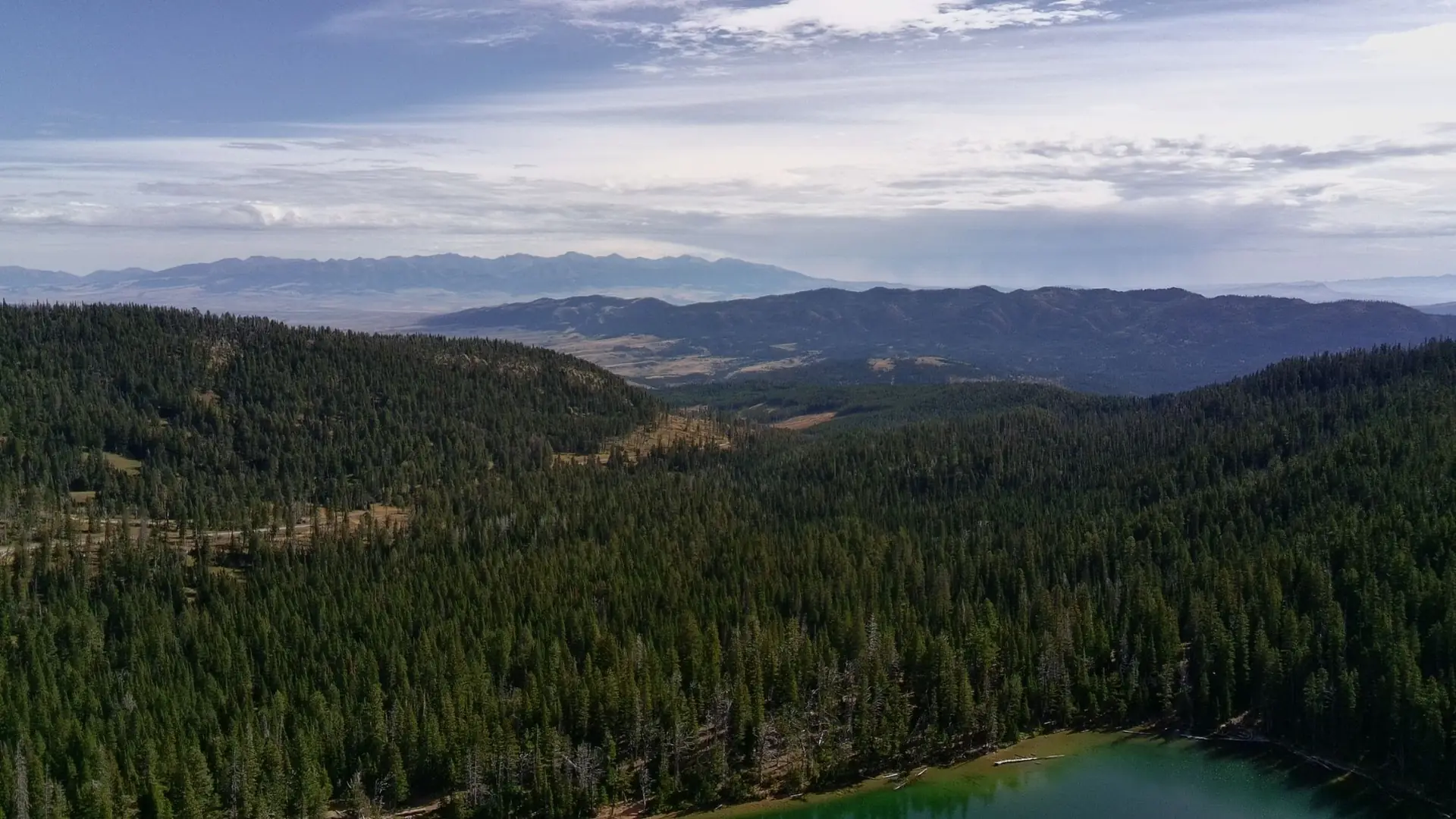 Aerial view of evergreen forest and an alpine lake with mountain ranges on the horizon